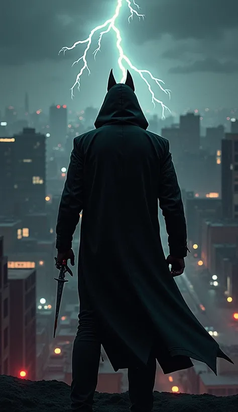 "Dramatic book cover for EL VENGADOR SIN ALMA by Jonathan Pérez. A shadowy back view of the vigilante protagonist standing on a rooftop overlooking a dark, crime-ridden city at night. Distant police sirens, crime scenes below, lightning in the background c...