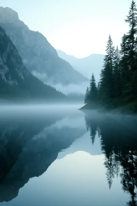 A tranquil mountain lake at dawn, surrounded by misty pine forests and reflecting the first light of day. The scene is captured in a photorealistic style with a focus on serene natural beauty and vibrant colors