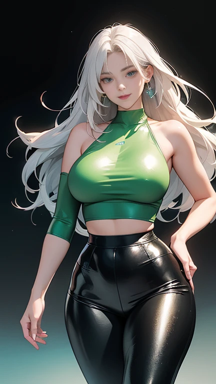 A detailed illustration in the style of anime, with a full-body view  of a stunningly beautiful white-haired woman. wears an iridescent holographic green top and black leather leggings, charming smile. Her feminine curves are highlighted by a shiny, thick ...