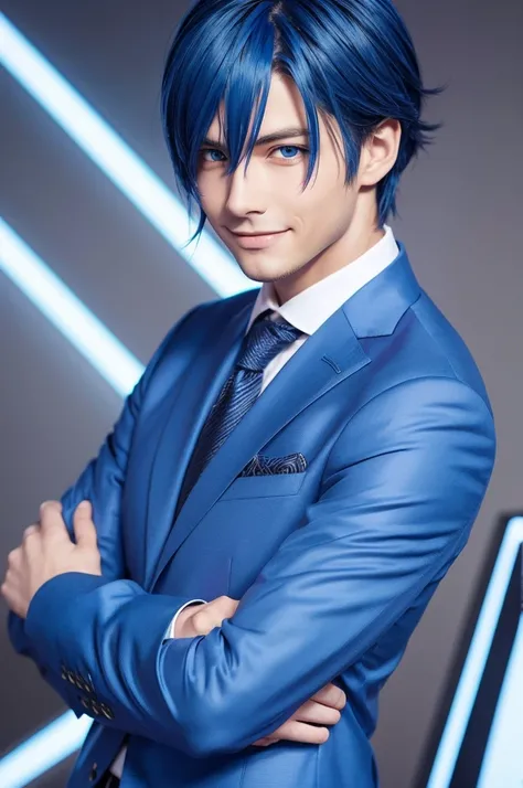 Anime thick paint , cobalt blue hair,Blue Eyes, handsome,smile,Diagonal, cross your arms,suit