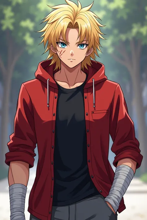  
 Create a male anime character with a look that evokes the strength of a Saiyan warrior.  Imagine a young man with blond hair ,  thick and slightly long ,  reaching the shoulders .  The cut is similar to that of Seiya from Knights of the Zodiac ,  with f...