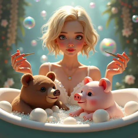 Beautiful short blonde woman holding tweezers on both hands Bear and pig taking a bath bubble bubble glitter