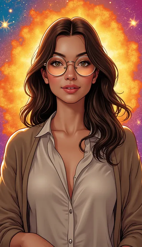 A modelo está usando óculos de sol de vidro com estrelas e a"An adult American woman in a comic book style, with realistic and elegant features. She is dressed in discreet, casual attire, such as a neutral-colored blouse and simple cardigan, appropriate fo...