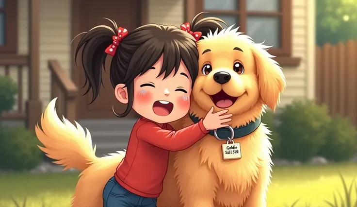 cartoon  little cute girl (big curious watery eyes,big cheeks,two black pony tailed hair)tears of joy streaming down her face.hugs 
A cartoon golden retriever with a fluffy coat, wagging tail,( belt with a collar named GOLDIE and address)Infront  of house ...