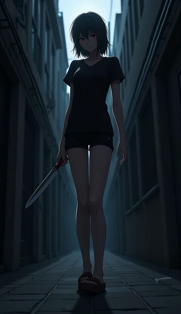  An adult anime-style girl in an alley alone, looking forward with a knife in her hand , Night, square,  dark hair , black top,  black shorts