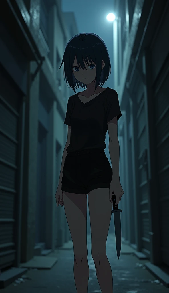  An adult anime-style girl in an alley alone, looking forward with a knife in her hand , Night, square,  dark hair , black top,  black shorts