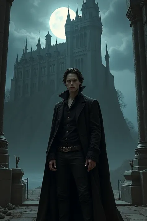 Damon Salvatore em um castelo estilo dark fantasy 