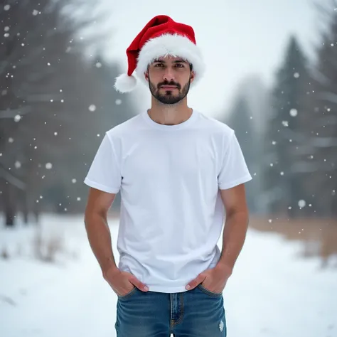 A white man with short white hair with black eyes, wearing Santa Claus hat  , wearing a white t-shirt , standing , Pose with her hands in her denim shorts and snowy scenery 
