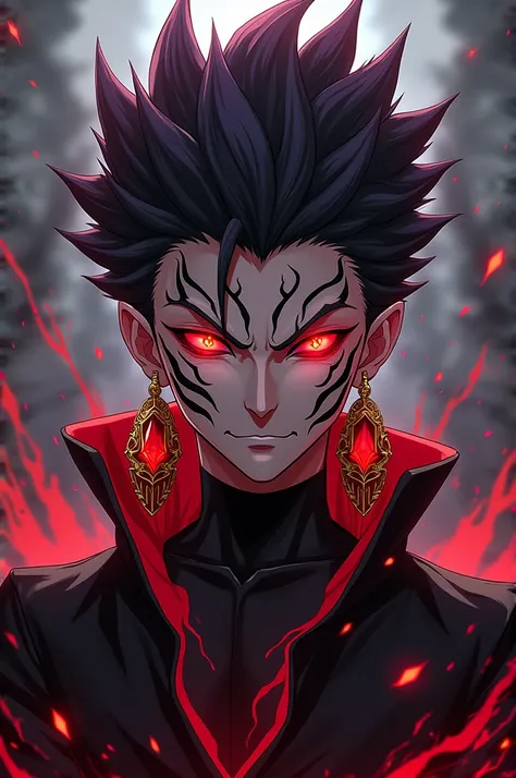 The image showcases an anime character resembling Sukuna from the popular series "Jujutsu Kaisen," depicted with intense and vivid artistic detail, featuring sharply defined facial features that include a stern, almost menacing expression, emphasized by hi...