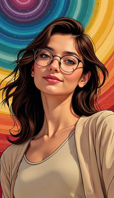 A modelo está usando óculos de sol de vidro com estrelas e a"An adult American woman in a comic book style, with realistic and elegant features. She is dressed in discreet, casual attire, such as a neutral-colored blouse and simple cardigan, appropriate fo...