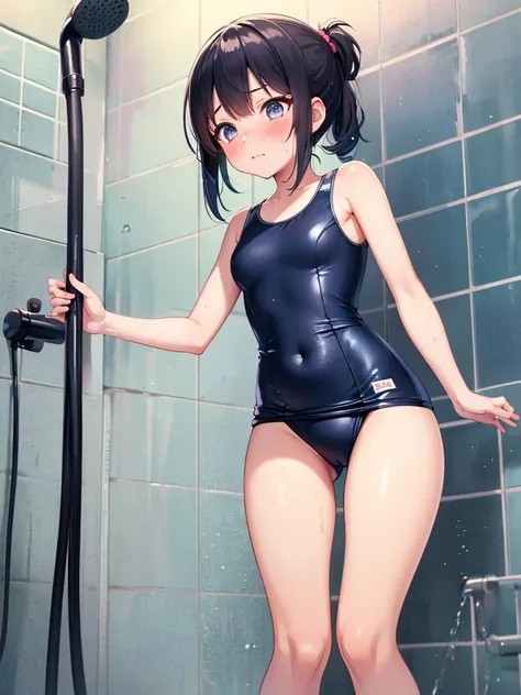 ((one girl)), black ponytail, in shower, (baggy one-piece swimsuit, school swimsuit:1.4), soaking wet swimsuit, armpit, Chubby body, blushing face, embarrassing face, 