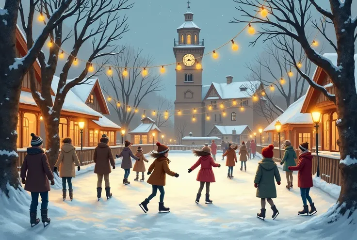 "Charming winter evening in a small, vintage-style town. An outdoor ice-skating rink surrounded by tall, snow-covered trees, illuminated by warm, glowing string lights and antique-style lanterns. ren and families joyfully skating on the ice, wearing muted ...