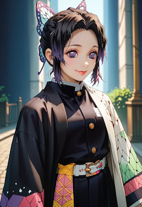 ( top quality:1.2),  1 girl , (  Masterpiece  :1.2),  ray tracing ,  cute face,  perfect face,  super detailed, detailed face , 8k wallpaper,  Wide Hips , ShinobuKochou_NDV,  1 girl ,  purple eyes, Black purple hair, japanese clothes,  demon Slayer uniform...