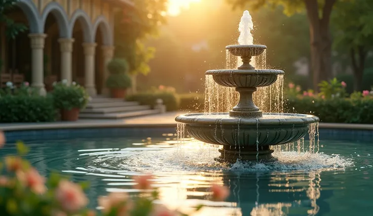 A view of water flowing from a fountain, gleaming under the suns light.More real
