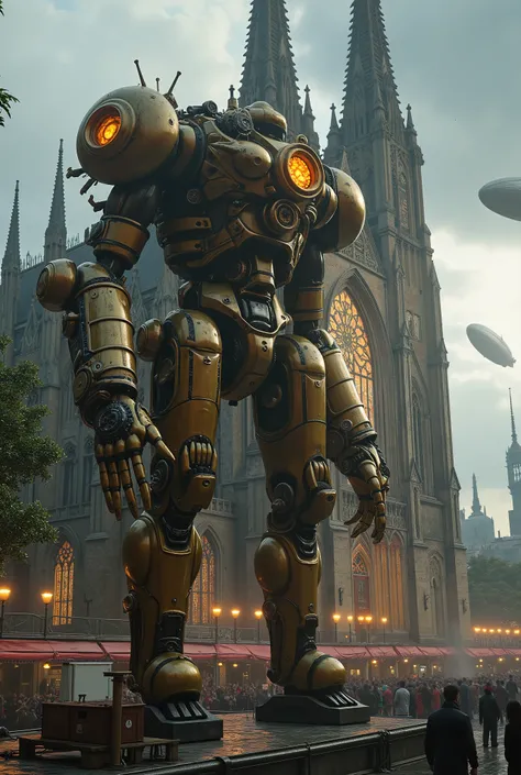 "A colossal steampunk titan, its (bronze and brass exoskeleton:1.5) intricately adorned with (rotating gears, polished pistons, and whirring cogs:1.4), meticulously repairing a majestic Neo-Gothic cathedral. The titans (massive articulated arms:1.3) wield ...