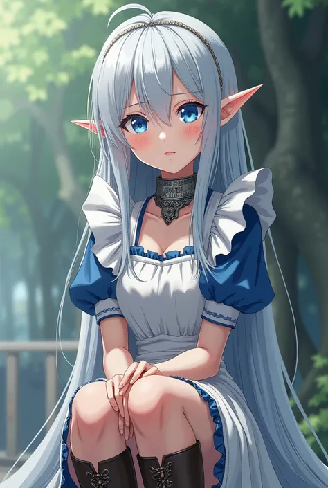  elven girl .  Long silver hair with even bangs covering her eyebrows.  big beautiful blue eyes.  Long, thin and sharp ears . Not very tall . It looks very fragile and tender.  Dressed in a white and blue maid suit .  Legs dressed in leather boots with bra...