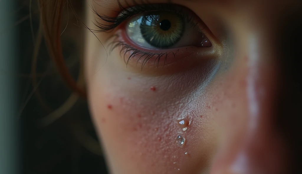 "A close-up portrait of a poor and depressive person with a tears rolling down their cheek. The expression on their face shows deep emotion, either sadness or joy. The light softly highlights the tear, creating a reflective, almost glowing effect. The back...