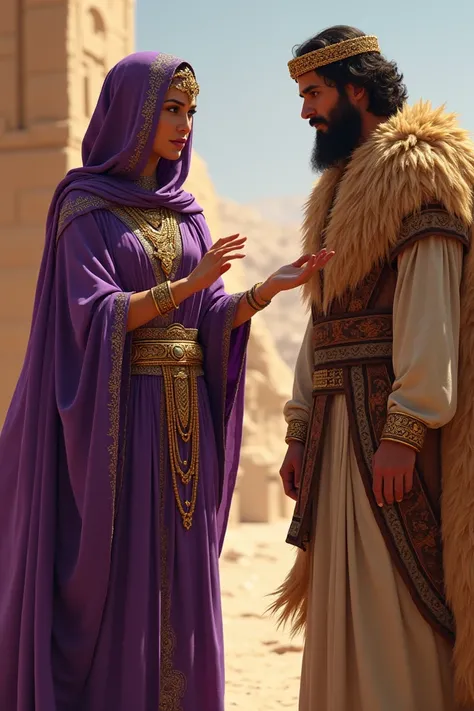 Arab woman well dressed in purple and gold jewelry pointing to a man dressed in camel hair sitting