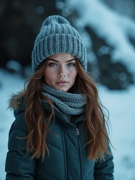 Iceland,  beautiful landscape , fille brune,  wavy hair, bonnet sur la tête,  dark brown eyes, couleur yeux marron, Dark photo, snow, cold, tenue couverte, cave, glaces, blue tones ,  dark blue , turquoise,  very realistic , real life 