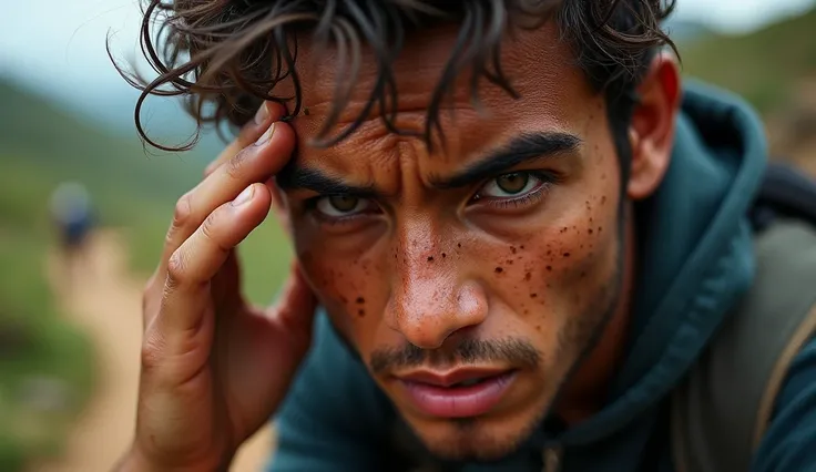 A close-up of the young man’s face, with a mix of sweat and dirt. His intense eyes look straight ahead as he wipes his forehead, signifying self-reflection and resolve. The trail in the background appears challenging but achievable.