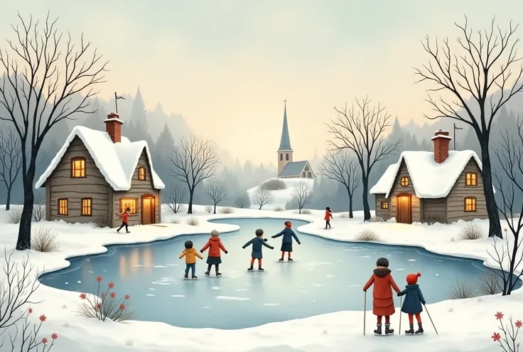 Vintage watercolor winter village scene with a frozen pond used as an ice-skating rink. ren and families are joyfully skating on the ice, surrounded by snow-covered trees and cozy countryside houses with steep roofs and chimneys emitting soft smoke. A dist...