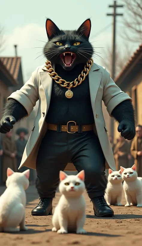 In cinematic 3D style ,HD image, realistic image, colourful image. 
Character, a muscular big black cat wearing white coat and black pant and black shoes.Wearing a thick gold chain around the neck,Wearing a thick gold chain around the neck
Action,There is ...