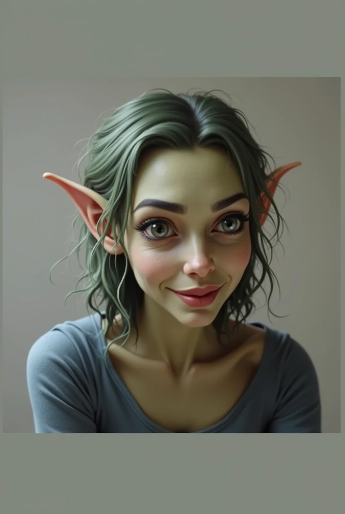 (front view), Goblin Woman with big forehead and big long nose, one eyebrow raised, very big smile, mouth closed, blue dress, short wavy dark green hair, black eye makeup, green skin tone, hd, realistic