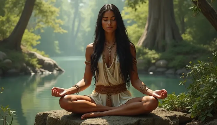 Pocahontas pieds nu assise sur un rocher ,Meditate 