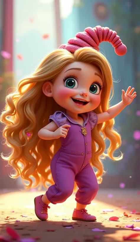 Disney Pixar style character Rapunzel baby with a jumpsuit with a hat of the Slinky puppy character from Toy Story who is full body so that he has a dance move