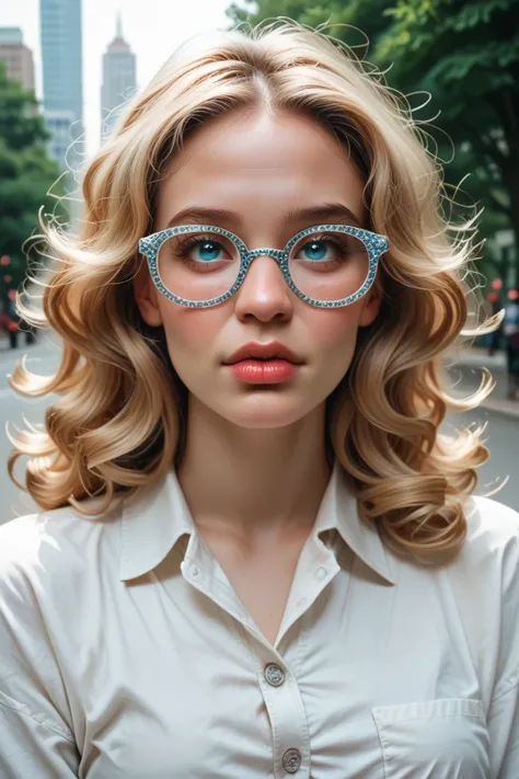 Tiffany is a very cute 18 year old white American girl. Long curly blonde hair, babyfaced, big bright blue eyes. full lips. thin, petite. high cheekbones, very full cheeks, puffy face, round face, plump face. big round dorky glasses. very big bright blue e...