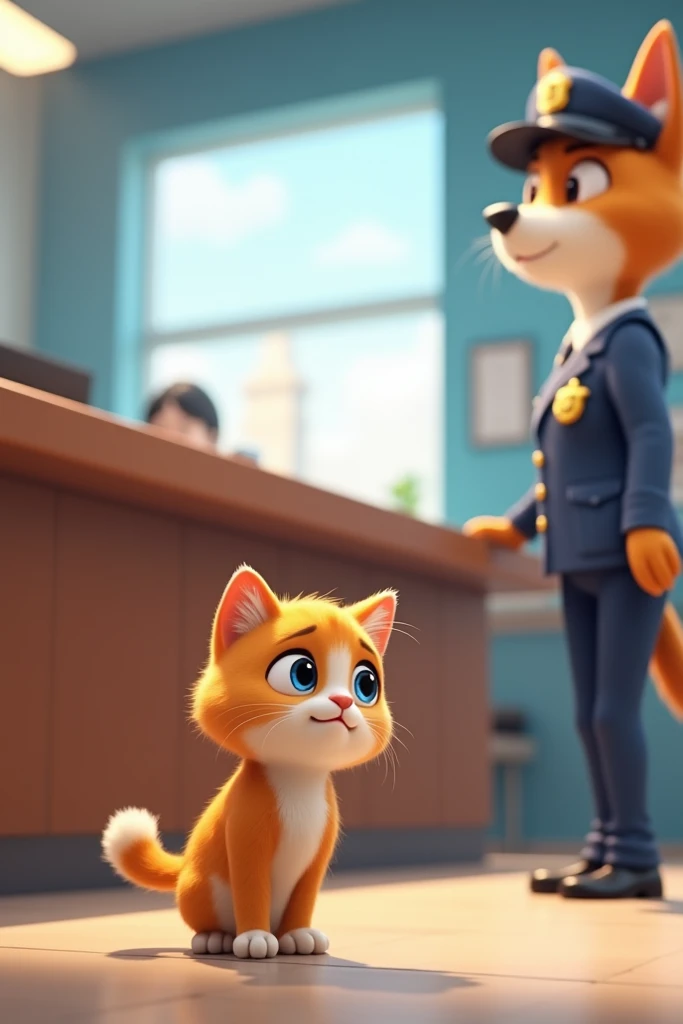 Cute cat went to the police station and filed a missing Kitten report. SHe is very worried 3d animation cartoon 