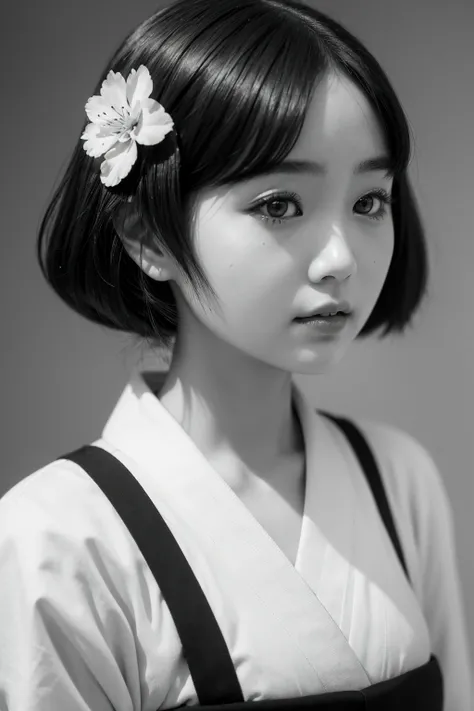 A beautiful Japanese schoolgirl from 1929 is depicted in black-and-white photographic styling wearing a historically accurate kimono of modest and elegant design. She has unadorned black hair and graceful posture. The simple, traditional background accentu...