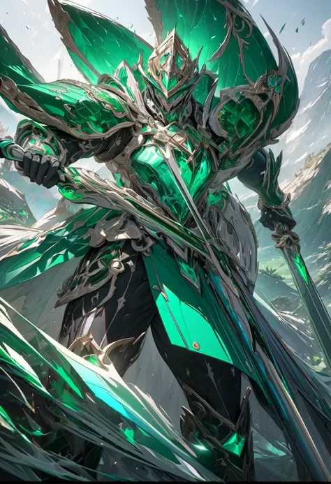 masterpiece, 8k, best quality, highly detailed, a futuristic male knight wielding a rapier made of emerald and jade