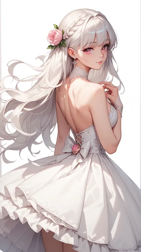 1 girl,korean,cute,pink eye,white long hair,Platinum background,Wear a dress that adorns the Platinum