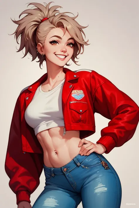 Girl with pale skin and light brown hair done in a messy ponytail wearing a red jacket over a crop top white shirt and denim jeans, smiling, minimalism, extremely skinny