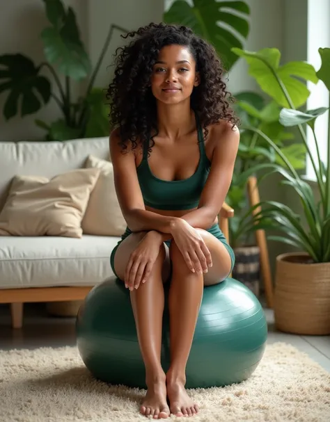 An 18-year-old Afro-descendant woman in a forest-green sports bra and LINGERIE PANTY, barefoot. She is seated on an exercise ball in a modern living area with a plush beige carpet and vibrant indoor plants. The shot captures her mid-frame, exuding calm and...