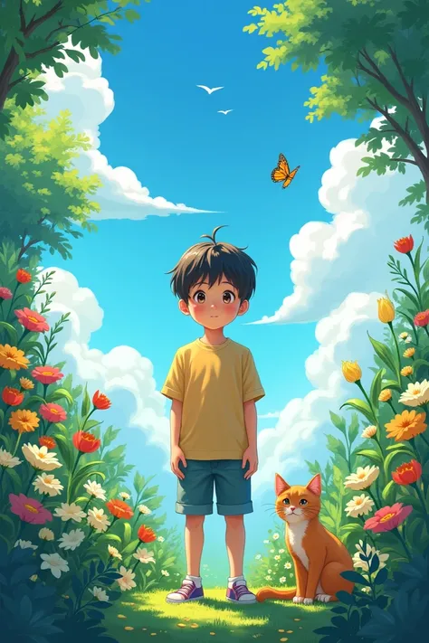 14-s Boy Anime picture for fb profile with cat and butterfly. 
Boy stand in the beautiful garden.  Sky looks amazing. Nature looks good. Front  and behind enough Space.