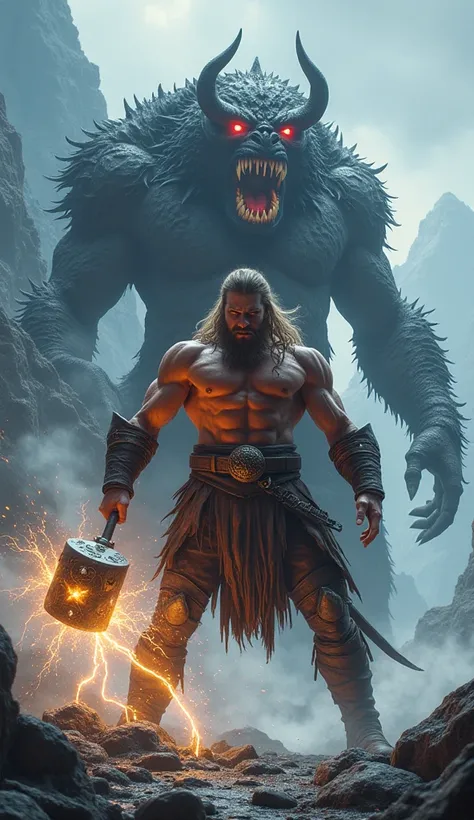 create an ultra realistic image of a Nord with a muscular body and a hammer with lightning, long hair fighting a monster
