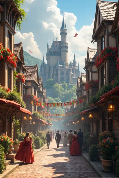  Kingdom inspired by the old British era,  with streets decorated as in that era , with houses and behind the castle  