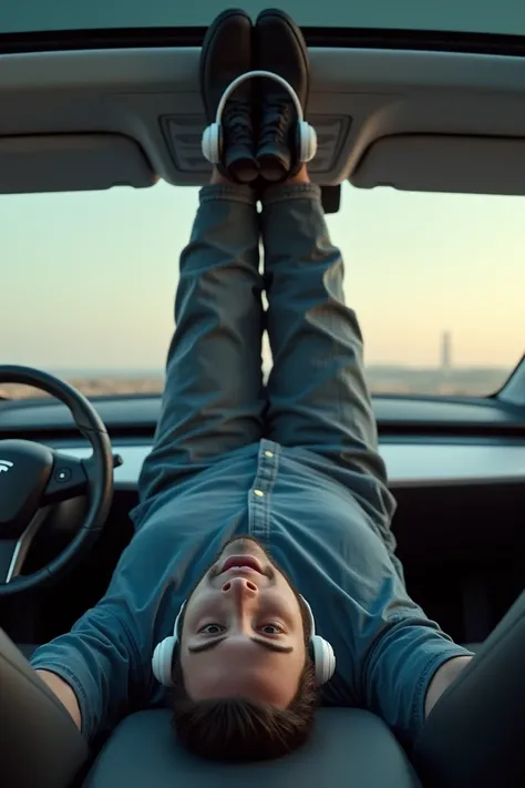 A man is sitting in a Tesla car on his head with airpods max