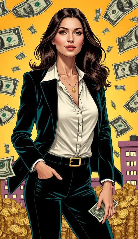 "A stylish adult woman, American, dressed in a professional and elegant outfit suitable for a business environment. She is surrounded by symbols of wealth and success, such as dollar bills or gold coins, presented in a comic book style with vibrant colors....