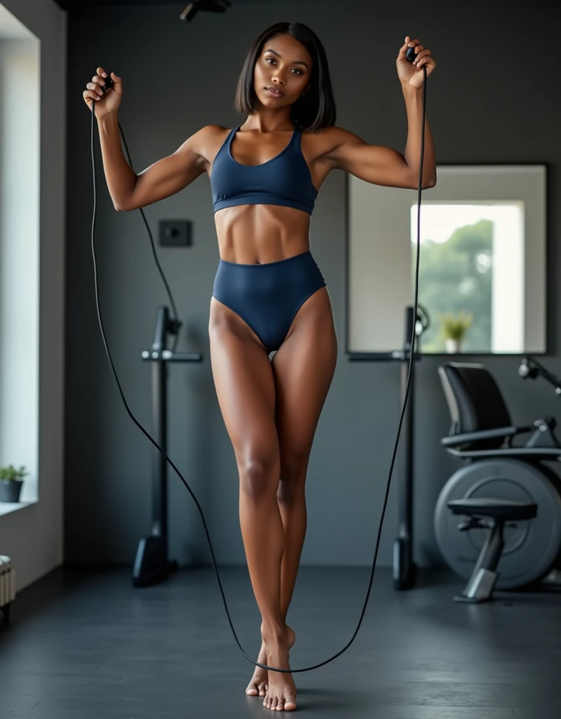 An 18-year-old Afro-descendant woman in a midnight blue sports bra and LINGERIE PANTY, barefoot. She performs a creative pose with a jump rope in a chic home gym with black and white décor. The shot is shallow depth of field, focusing on her while the back...