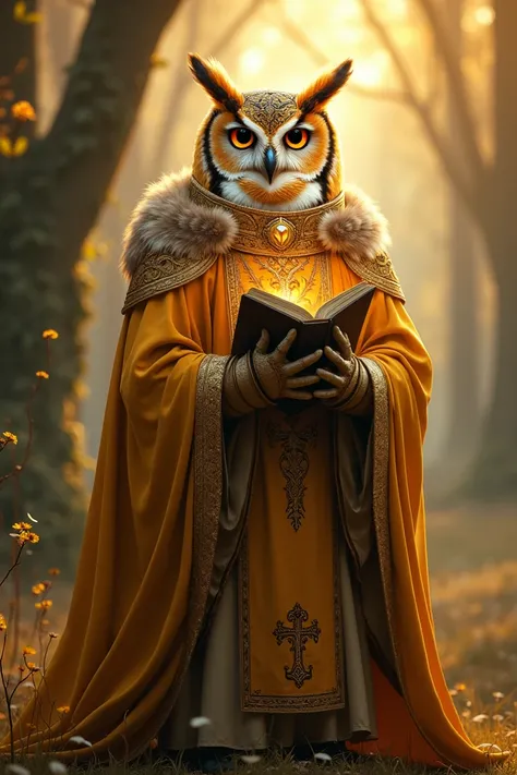 A Golden barn owl anthropomorphic with cleric medieval chlothes 