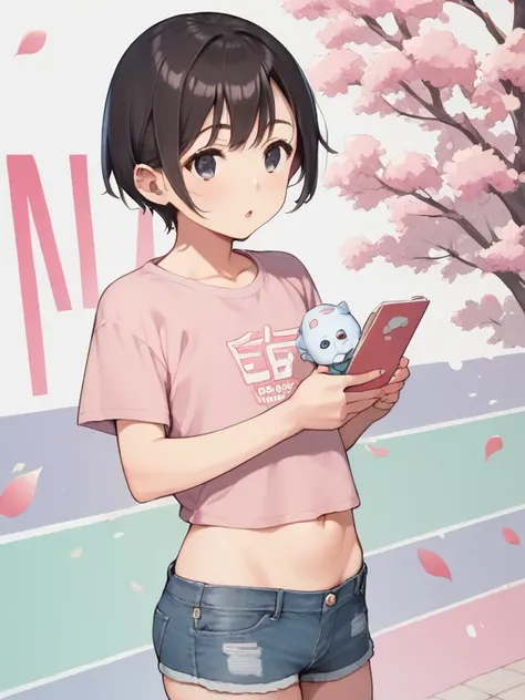  score_9,    score_8_up,    score_7_up,    score_6_up,    score_5_up,    score_4_up,Anime BREAK，nsfw，   top quality，  Masterpiece  ，(   detailed background :1.2)，  fisheye lens，Make a pink anime shirt costume for a ，  Denim Miniskirt ，，Very short stature， ...