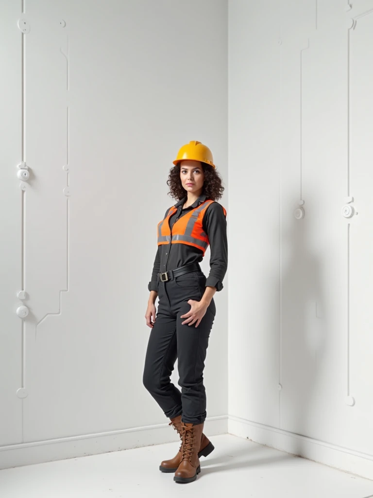 Create a curly-haired brunette woman wearing clothes suitable for a construction site and wearing a civil engineer helmet 