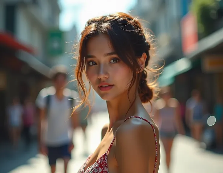 Real photo, beautiful European woman aged 20, dark auburn brown hair, fringes, short hair, braided bun, medium bust (95C), relaxed, ((extreme detail of the skin)), she is walking in a street in Bangkok, the photo is taken from very far away, you can see he...