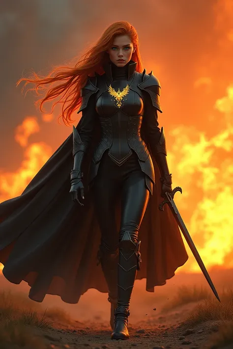 
 A heroine in black armor and a black robe with a stand-up collar with ginger-colored hair that is open and blowing in the wind and cloudy turquoise eyes.  She comes running out of the flames  .  Elegant and behind her everything goes up in flames  .  On ...