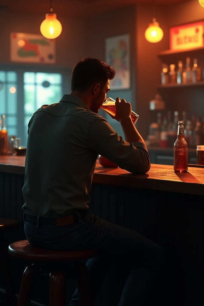 Man with his back sitting at the bar of a bar drinking a beer