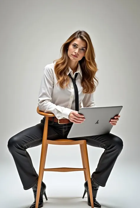 German businesswoman in her 30s is dressed with a crisp white blouse, black tie, flared black jeans, high-heeled leather boots, and a wide leather belt, blending elegance with authority