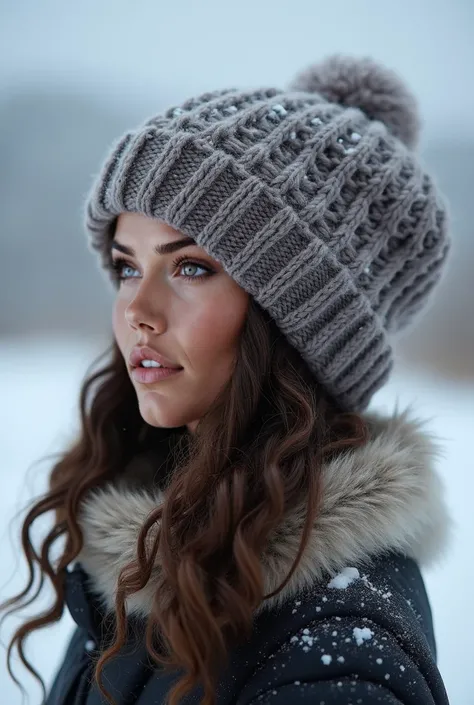 Iceland,  beautiful landscape , fille brune,  wavy hair, bonnet sur la tête,  dark brown eyes, couleur yeux marron, Dark photo, snow, cold, tenue couverte,  very realistic , real life ,  hair attached, Close your eyes , in profile, satisfied, plaisir de la...